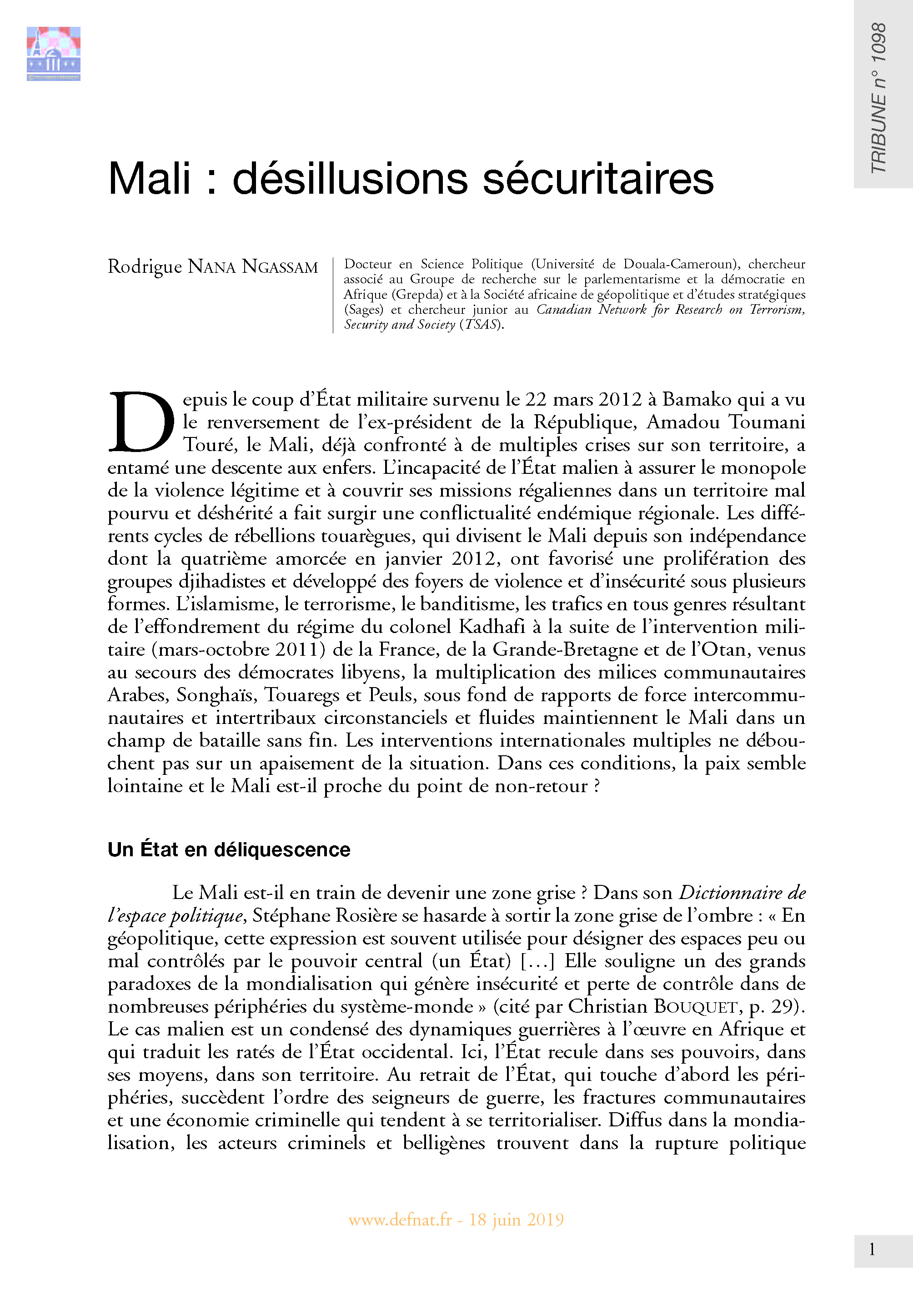 Mali : désillusions sécuritaires (T 1098)
